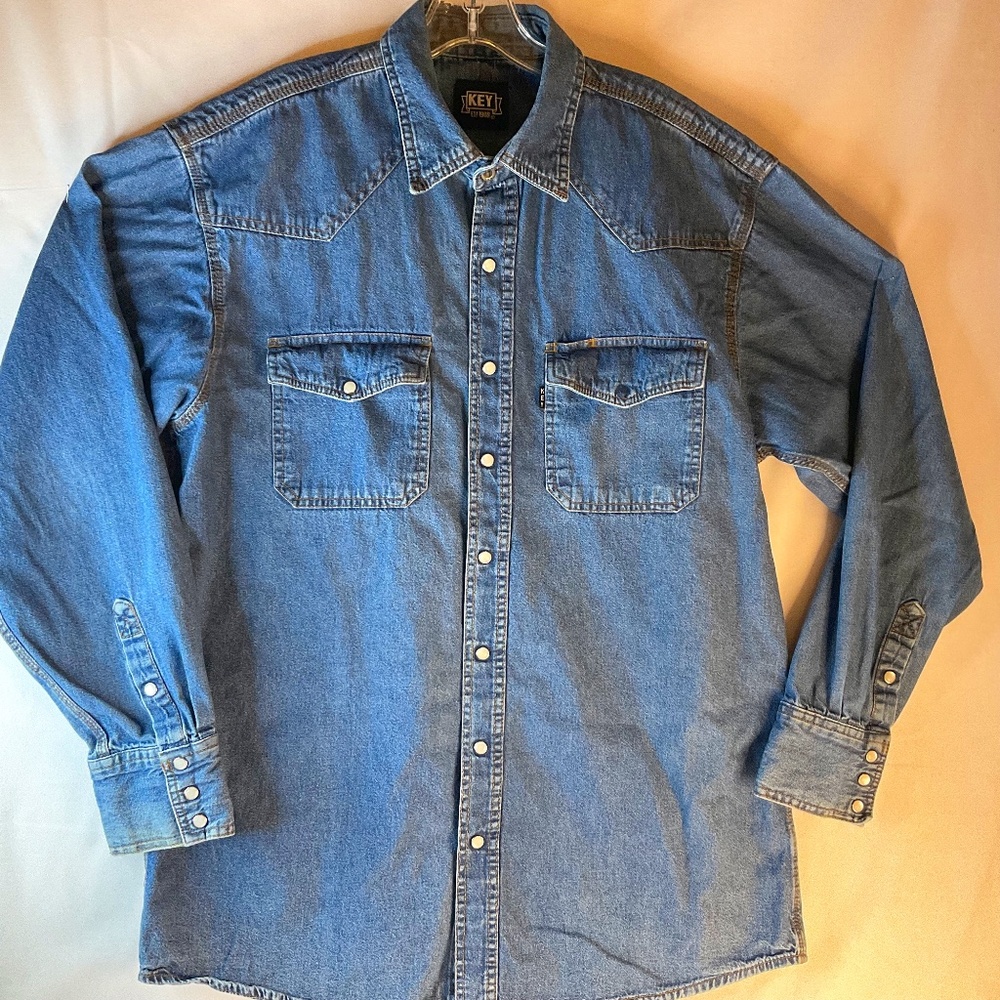 SALE‼️KEY MENS VINTAGE DENIM PEARL SNAP 100% COTTON WORKSHIRT SIZE LARGE/TALL
